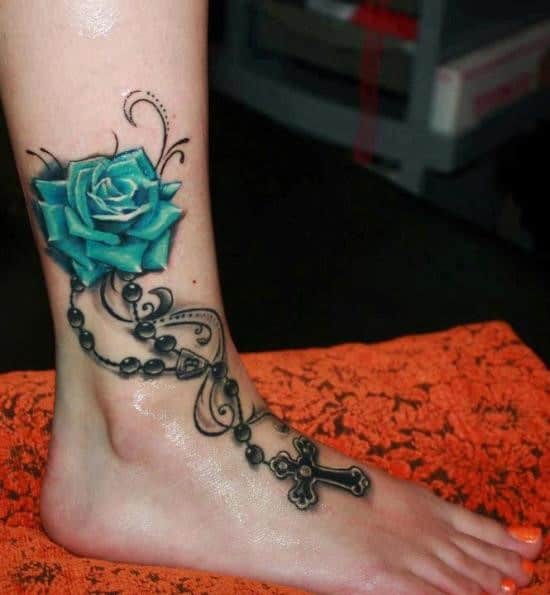 Beautiful-3D-Rose-Ankle-Tattoo-with-Cross-Chain