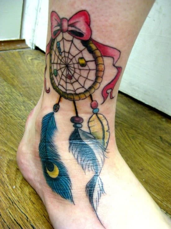 Beautiful-Colorful-Dreamcatcher-Ankle-Tattoo