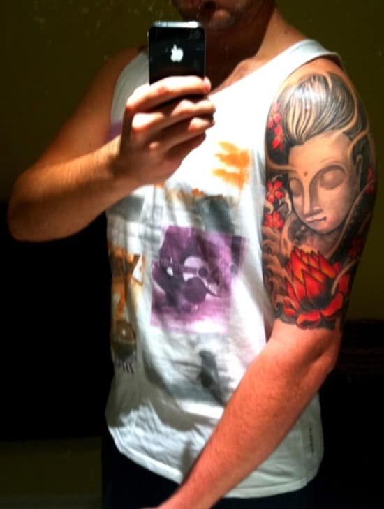lotus flower and buddha tattoo on arm Buddha-Tattoo-Half-Sleeve