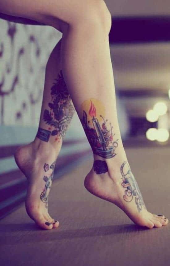 candle and flower tattoo on ankle Candle-And-Floral-Ankle-Tattoo