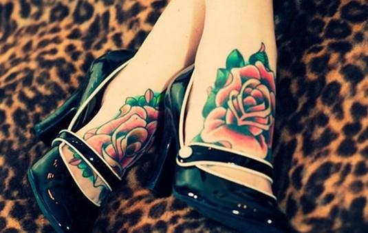 Coloured-rose-tattoo-Foot-tattoos-for-girls