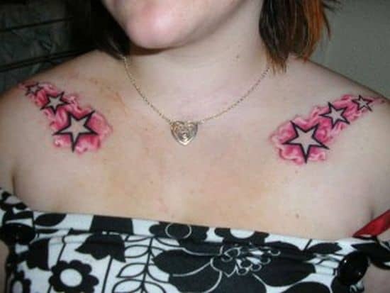 Colourful-cluster-of-stars-collar-bone-tattoos