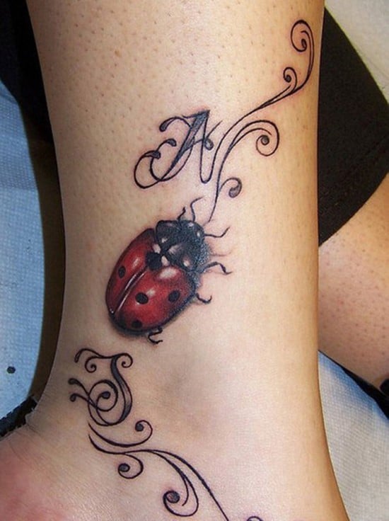 Cool-3D-Beetle-Ankle-Tattoo-with-Initials-for-Women
