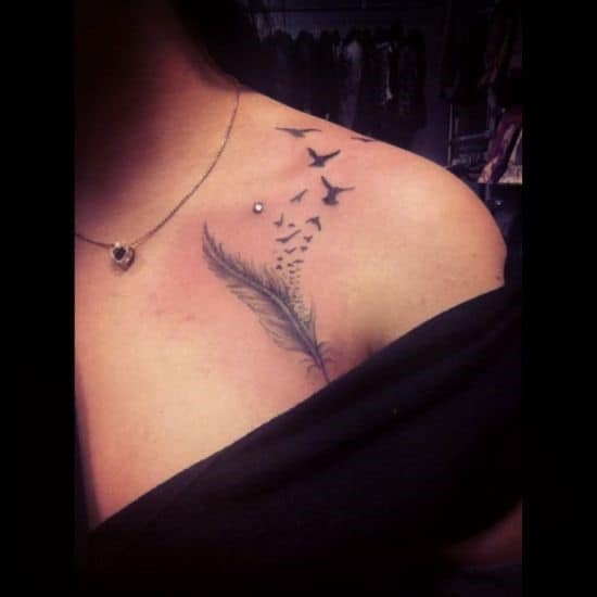 Feather-and-flying-birds-collar-bone-tattoo-designs