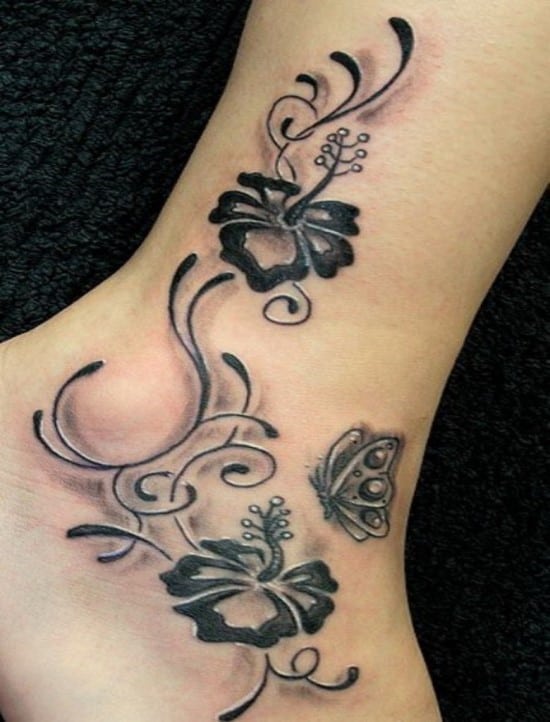 butterfly and hibiscus tattoo on ankle Floral-Ankle-Tattoo-for-Women