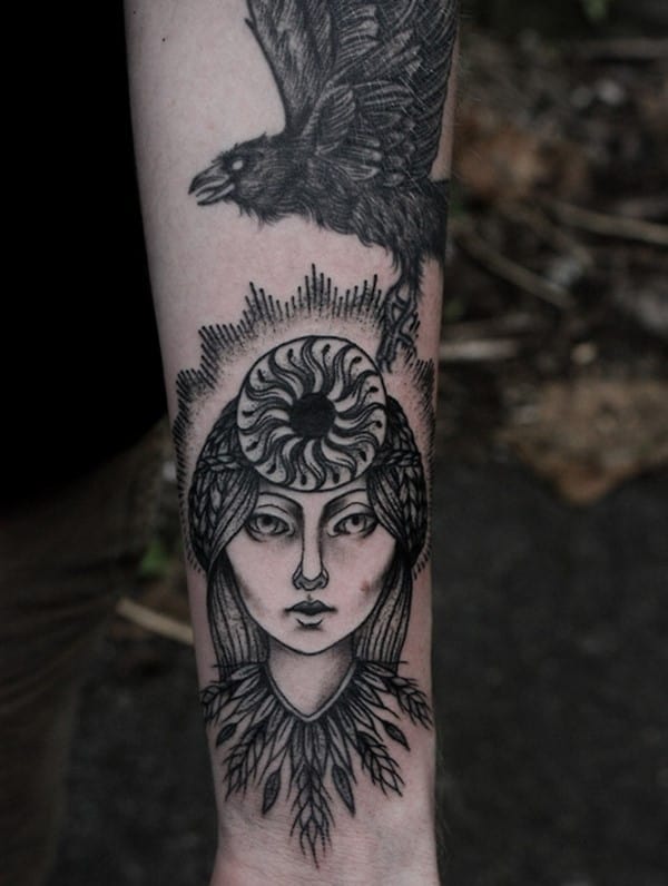 My-norse-mythos-arm-in-progress.-Huginn-Muninn-and-Sol-Goddess-of-the-sun.-Baylen-levore-in-Asheville-NC