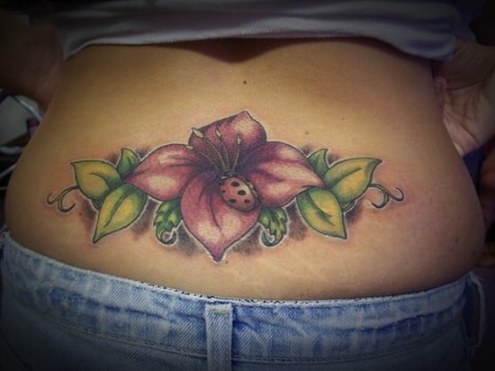 Black And Grey Lotus Flower Tattoo Design For Lower Back