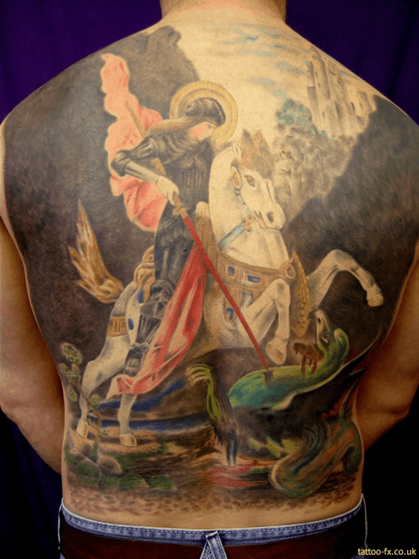 St-George-Neil-Bass. saint on a horse tattoo on back. 