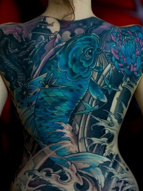 Amazing Full Back Blue Koi Tattoo