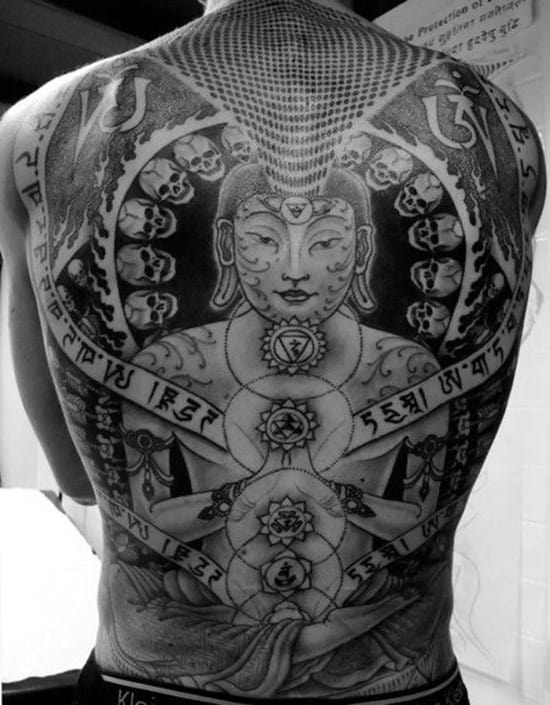 skulls and buddha tattoo on back b15