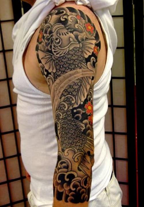 Back Koi Tattoo with Orange Flowers