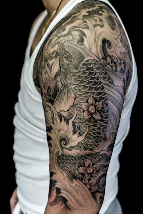 Black and White Cherry Blossom with Koi Tattoo