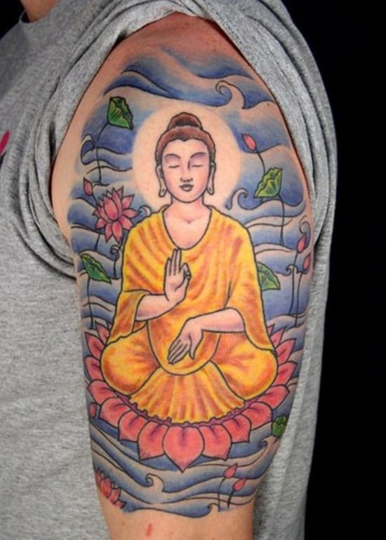 sitting buddha tattoo on arm buddhist-tattoos-religious