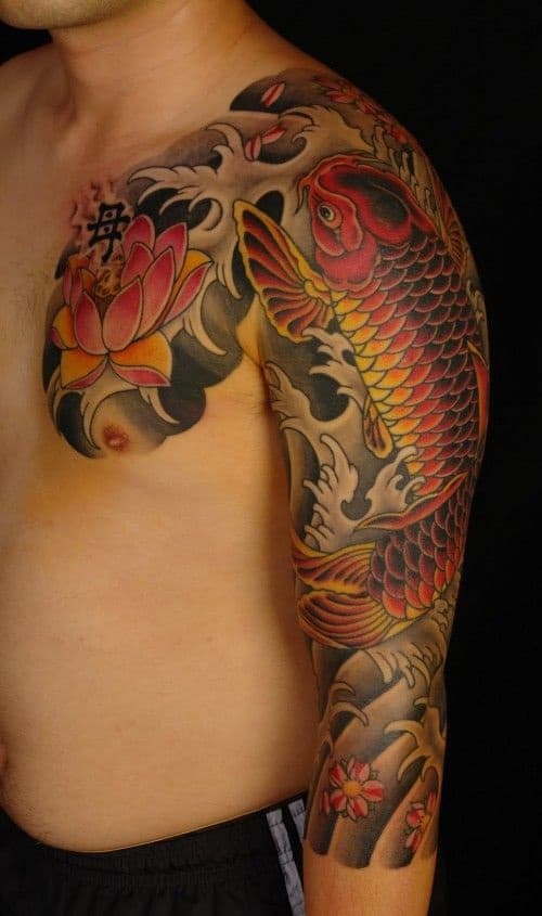 Chest and Sleeve Koi Fish Tattoo with Lotus