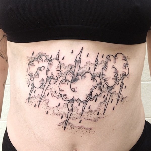 Minimalistic cloud and lightning bolt tattoo located on