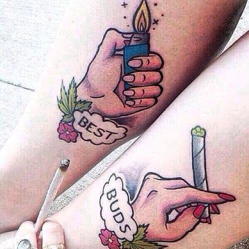 Colorful Best Buds Cigarette and Lighter Friendship Tattoos
