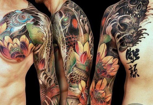 Colorful Japanese Koi Tattoo with Skulls