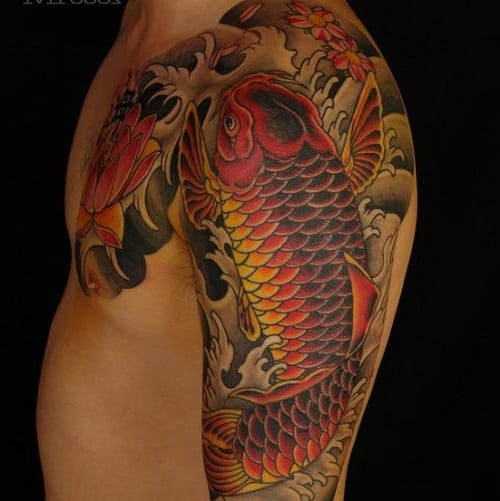 Colorful Koi Tattoo with Lotus and Waves