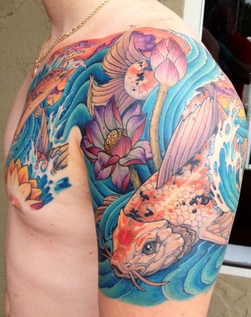 Colorful Koi Tattoo with Waves And Flowers