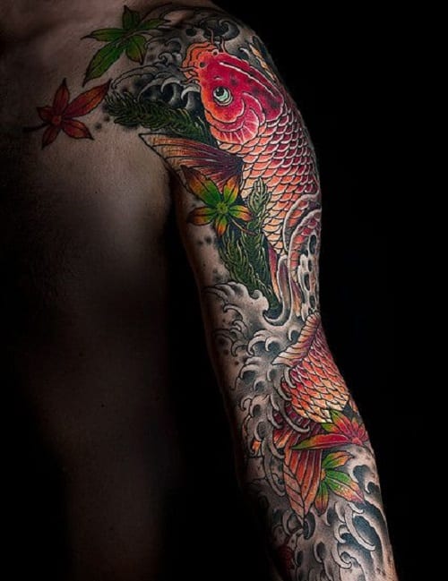 Detailed Colorful Sleeve Japanese Koi Tattoo