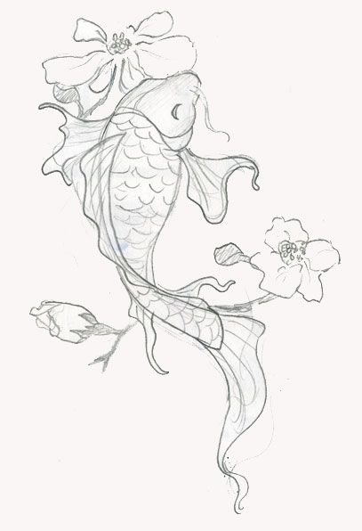 Draft of Koi Fish Tattoo with Flowers