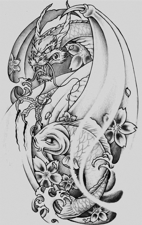 Dragon, Koi Fish and Cherry Blossom Tattoo