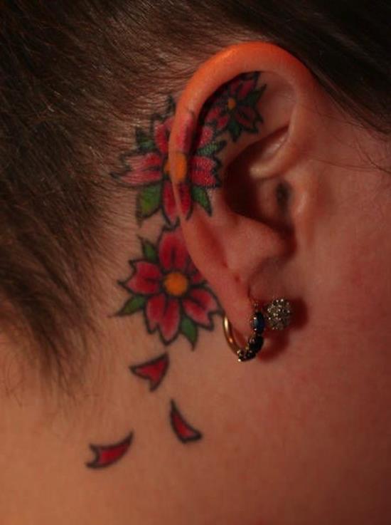 cherry blossom tattoo behind ear. ear-tattoo-20. 