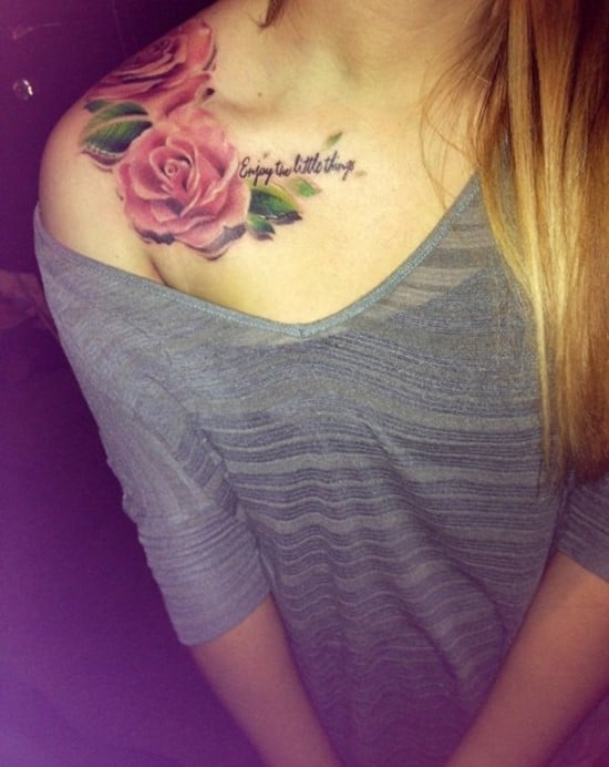 rose with quote tattoo on shoulder enjoy-the-little-things