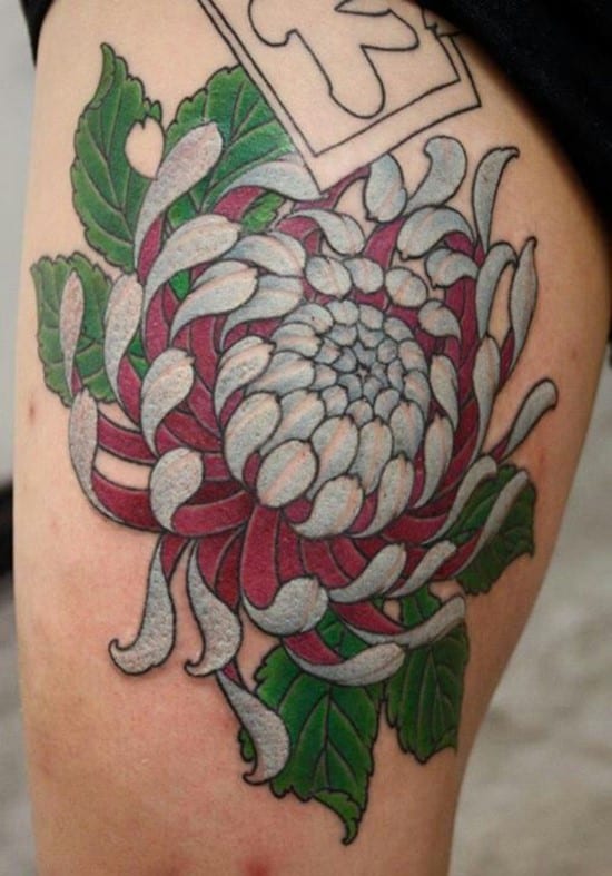 red and blue peony tattoo on thigh f14onizuka