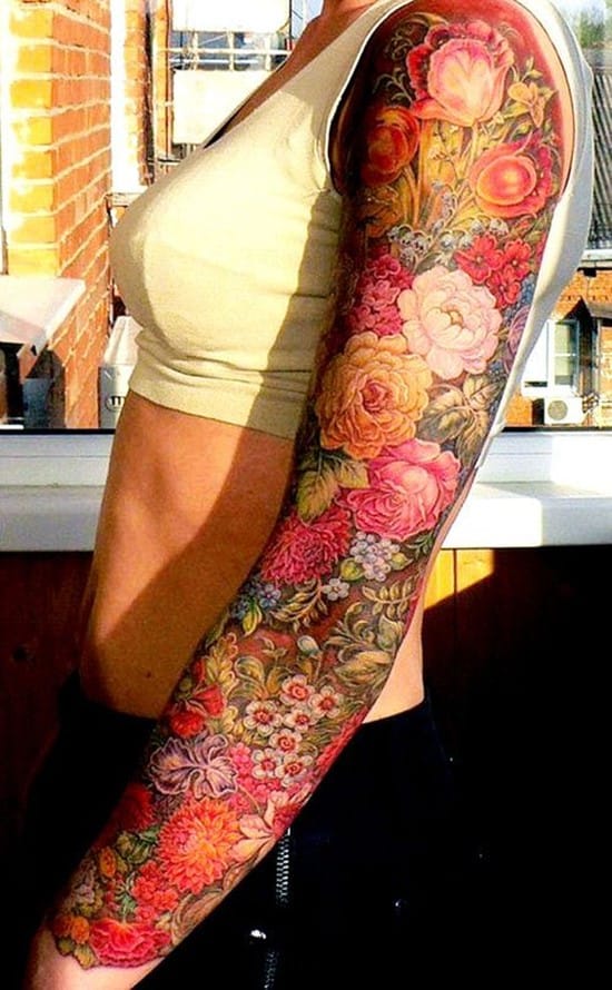 colorful floral tattoo on arm f15