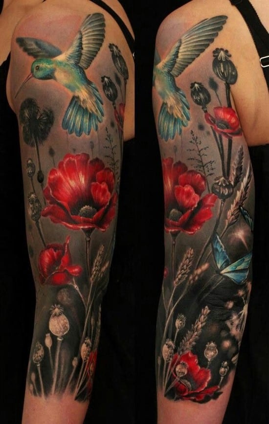 hummingbird and flower tattoo on arm f3