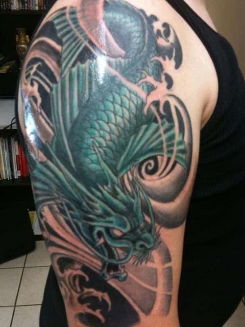 Green Koi Tattoo with Waves