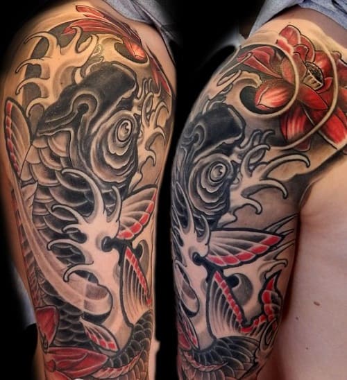 Japanese Waves Koi Tattoo with Flowers