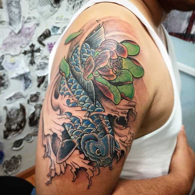 Traditional Koi Fish Tattoo On Right Back Shoulder