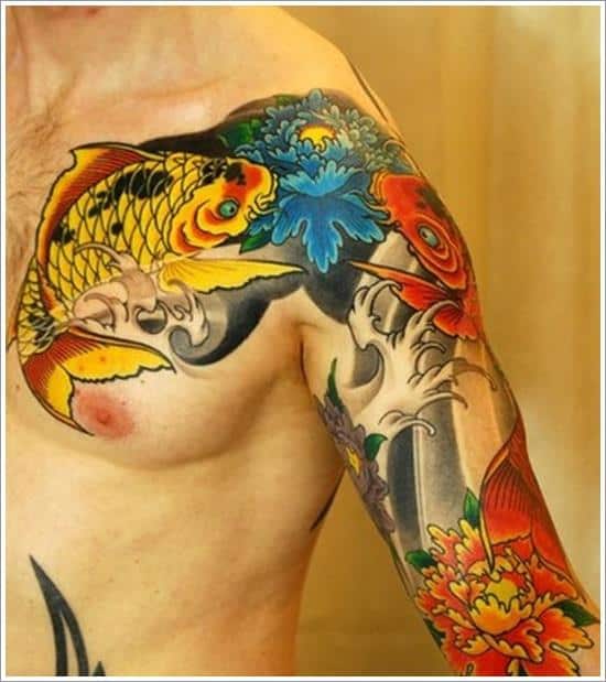 golden koi fish tattoo on chest koi-fish-tattoo-designs-25