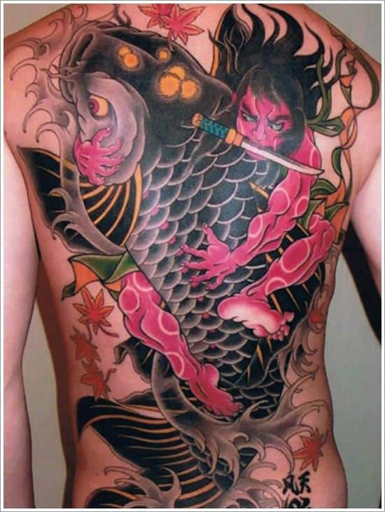 japanese slayer and koi fish tattoo on back koi-fish-tattoo-designs-9