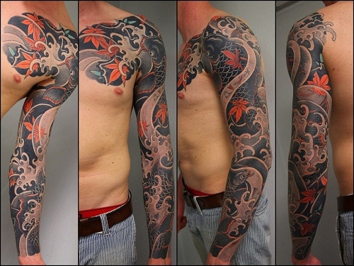 Koi Fish with Maple Leaves Tattoo