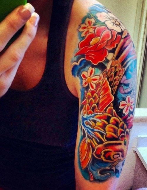 Koi Tattoo with Beautiful Flowers