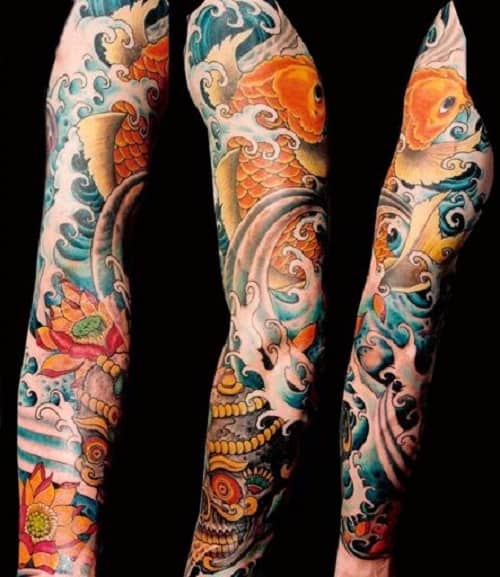 Koi Tattoo With Waves And Flowers