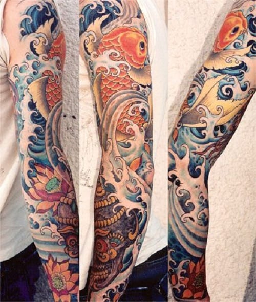 Koi Tattoo With Waves Full Sleeve