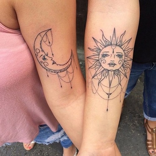 Moon and Sun with Face Best Friend Tattoos