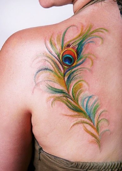 Peacock Feather Tattoo On Back For Women