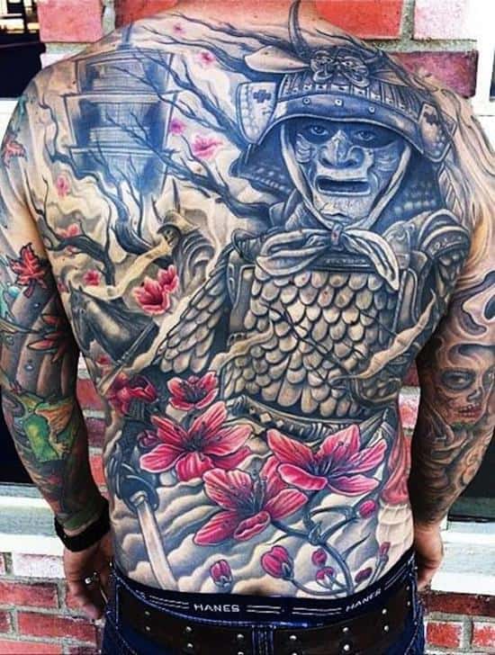 samurai tattoo and flowers full back