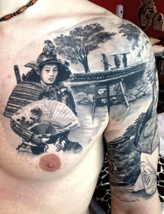 samurai tattoo with fan on chest