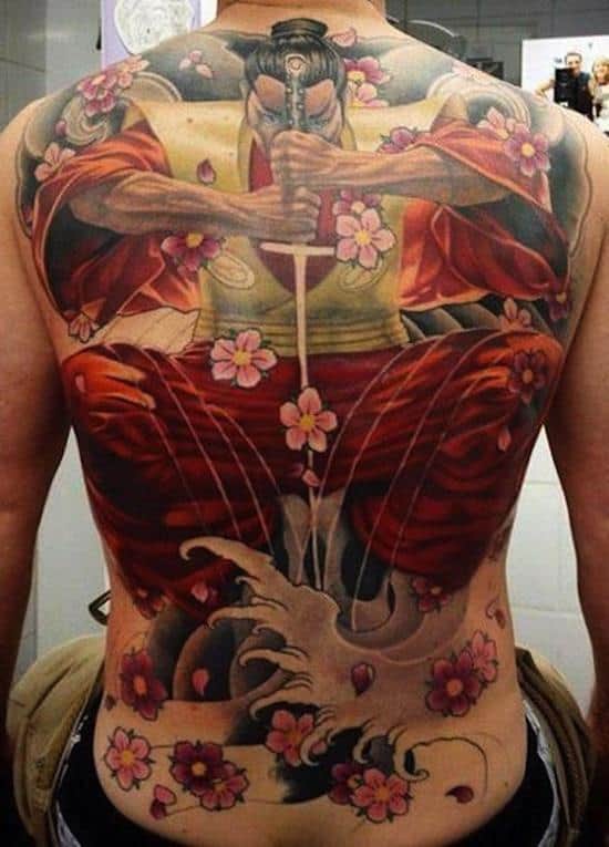 samurai tattoo with flowers and sword