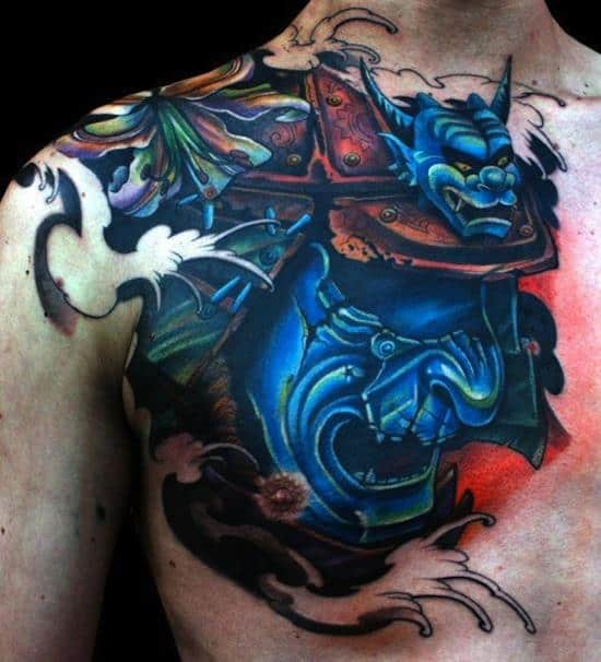 samurai chest tattoo samurai tattoos blue mask