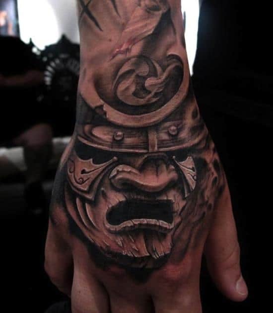 samurai tattoos mask hand