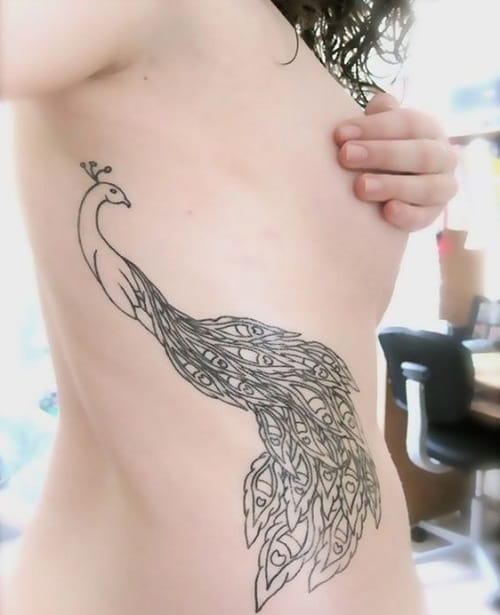 Simple Black Peacock Side Tattoo