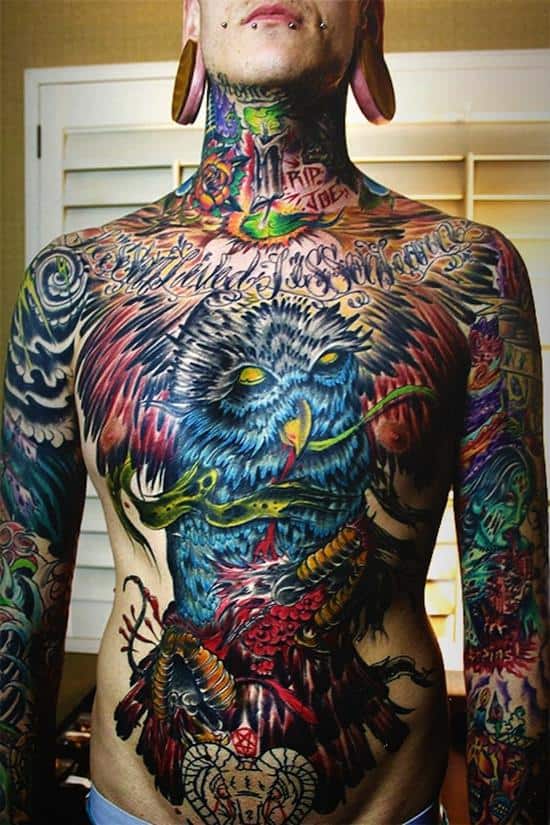 stomach-tattoo-colorful-owl