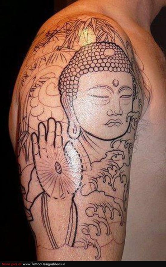 ocean waves and buddha tattoo on arm tattoo-buddhism-on-arm